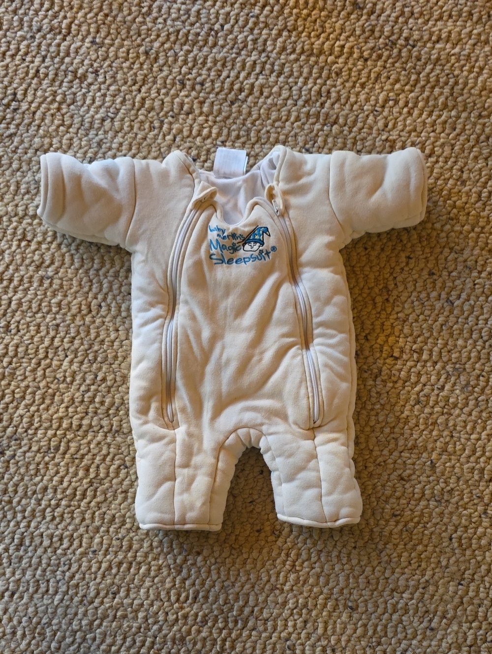 Cream Baby Sleepsuit with Blue Embroidered Logo